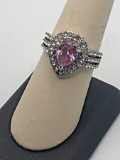 Elegant Silver Plated Pink White Imitation Cubic Zirconia Ring Size 8.25