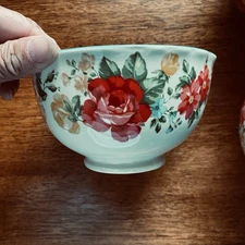 The Pioneer Woman Footed Bowls Cream Floral Outside, Teal Inside Stoneware READ