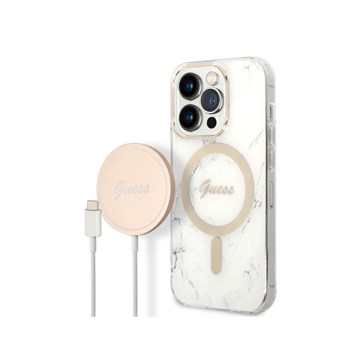 Pack coque marbre premium et chargeur induction 15W pour iPhone 14 Pro or et blanc