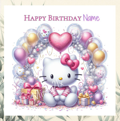 Personalisierte HELLO KITTY Grußkarte KATZE Luftballon Bogen Geschenke Herz Geburtstag