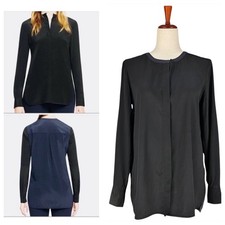 TORY BURCH Meg Stretch Silk Colorblock Tunic Blouse in Navy Blue/Black Size 6