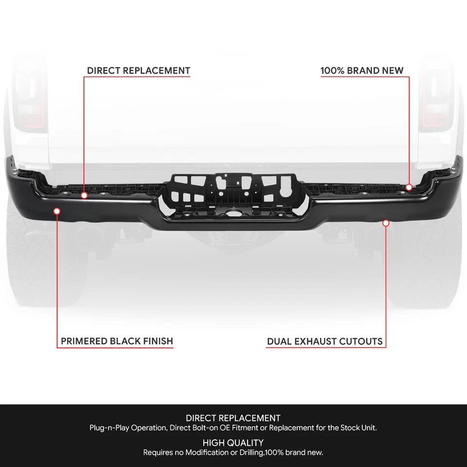Barra frontal de parachoques trasero negra sin orificio de sensor con doble escape para Ram 1500 19-24 Foto 2 de 4