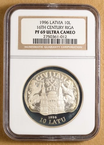 1996 Latvia 10 Lati '16th Century Riga' NGC PF 69 Ultra Cameo