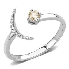 Women's Crescent Moon Ring, Stainless Steel, CZ in Champagne, High Polished