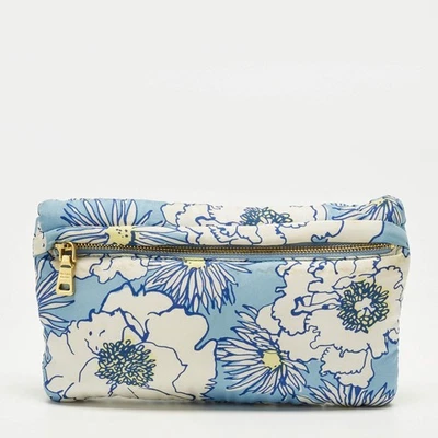 Pochette zippée en tissu floral bleu blanc logo Prada - Photo 1/4