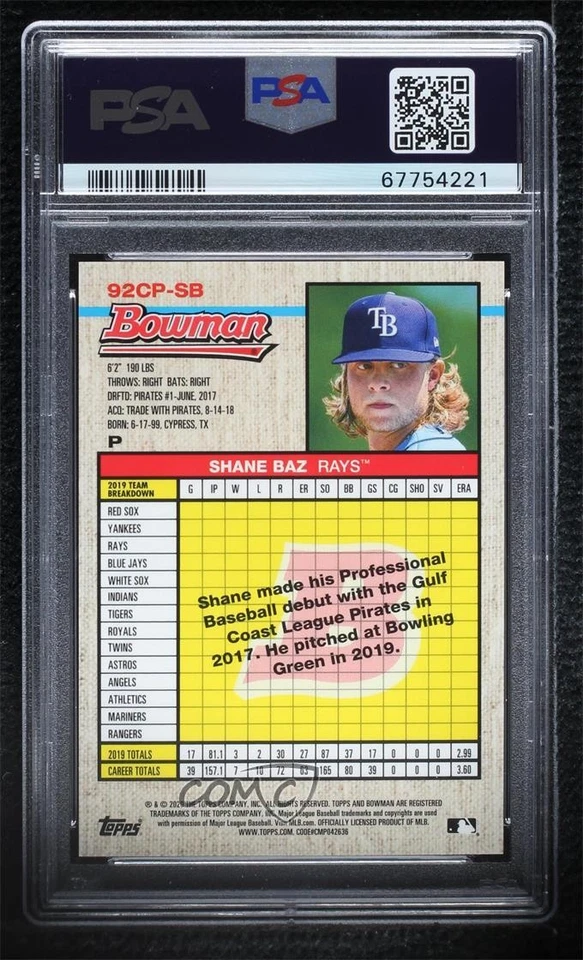 2020 Bowman Heritage Chrome Prospects Orange Refractor /25 Shane Baz PSA 9 MINT - Image 2 of 2