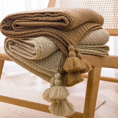 Nordic Knitted Throw Blanket with Tassel Bed Sofa Couch Cover Bedspread
