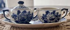 Rare Delfts Blue Hand Painted Ceramic Floral Creamer & Sugar Set with Tray
