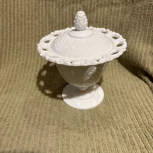 Vintage Milk Glass Covered Compote Indiana Glass Colony Harvest Grape
