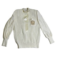 Suéter tejido con cable de efectos secundarios vintage para mujer talla mediana escudo bordado