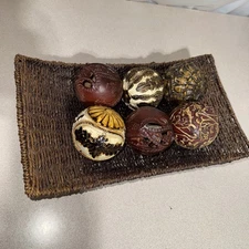 Ornate Resin Decorative Balls Lot of 6 Bowl Filler Table Decor W/Wicker Basket