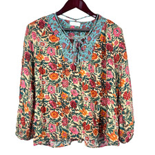 Natural Life Rowan Blouse Size L Colorful Floral Tie Neck Boho Folk Art Flowy