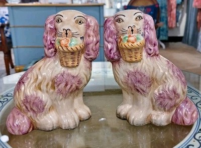 Staffordshire Reproduction Spaniel Pink Dogs with Baskets Pair Figurines-7''H
