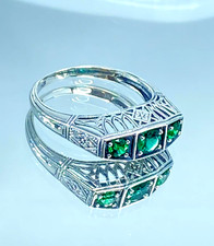 Natural Emerald Ring, Art Deco Sterling Silver Filigree Custom Made D210