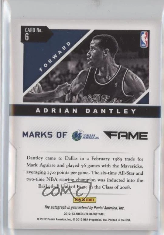 2012-13 Absolute Marks of Fame Auto /100 Adrian Dantley #6 Auto HOF - Image 2 of 2