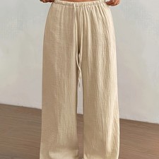 Women Wide Leg Pants High Waist Elastic Casual Loose Linen Look Trousers Khaki