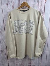 Sean John Shirt Mens XL Beige Long Sleeve Graphic Logo Crewneck Back Print