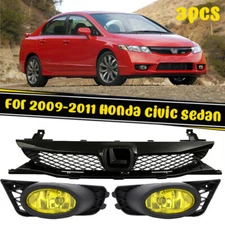 Yellow Lens Fog Lights Kit + Front Bumper Grill For 2009-2011 Honda Civic Sedan