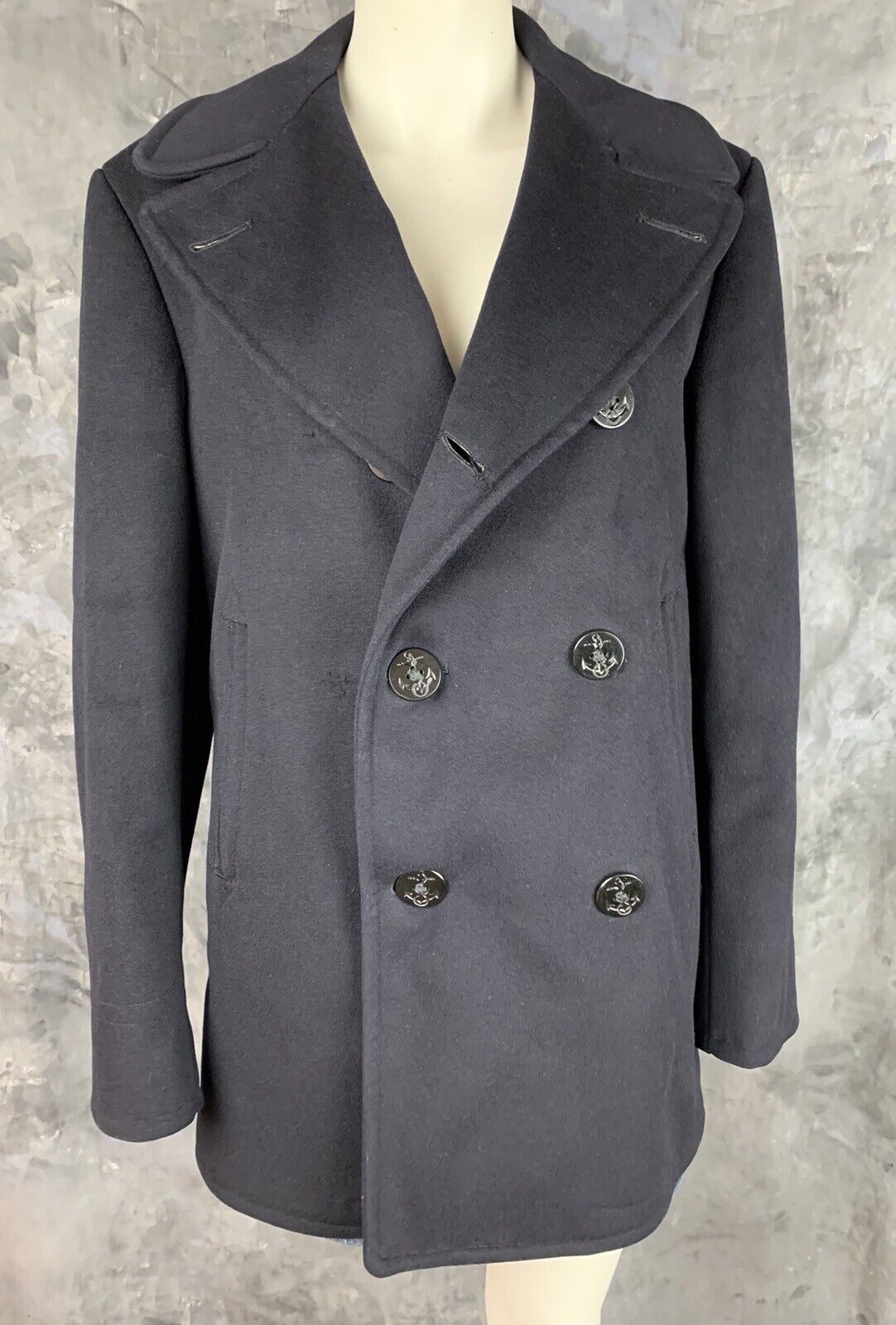 Authentic Black Naval Pea Wool Kersey Coat sz 36 (994… - Gem