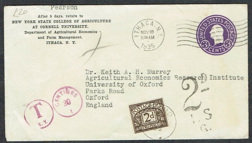 1935 affrancatura dovuta 3c prepagata da New York a Oxford magenta T/NY/20c + 2d/L.S/G  - Foto 1 di 2