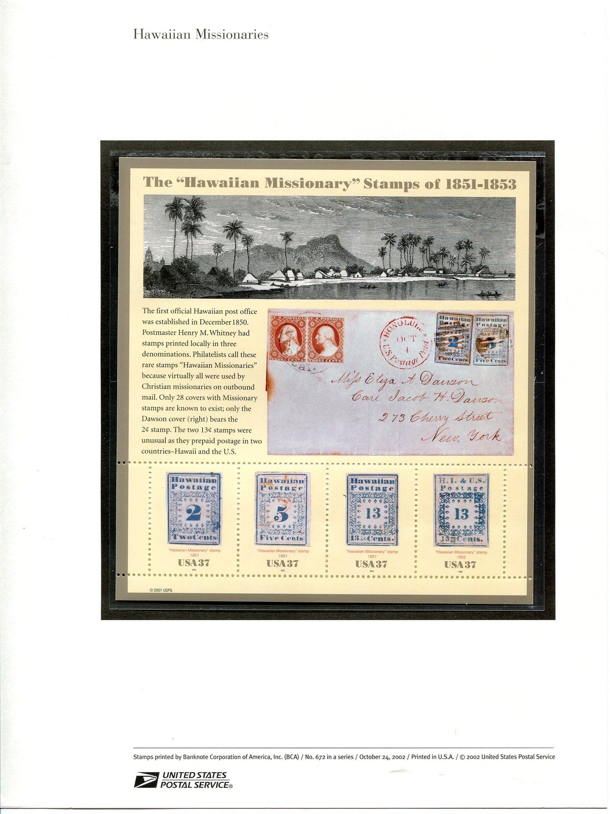 #3694 37c Hawaiian Missionaries S/S USPS #672 USPS Commemorative Stamp ...