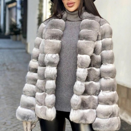 Women's Real Rex Rabbit Fur Coat Winter Jacket Lapel Collar Chinchilla ...