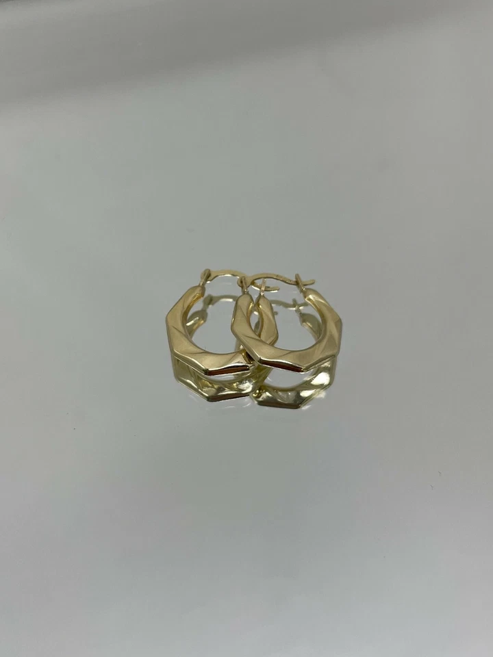 Pendientes de aro hexegonales de 15 mm de oro macizo de 14 quilates con corte ultra diamante - bloqueo francés Foto 3 de 4
