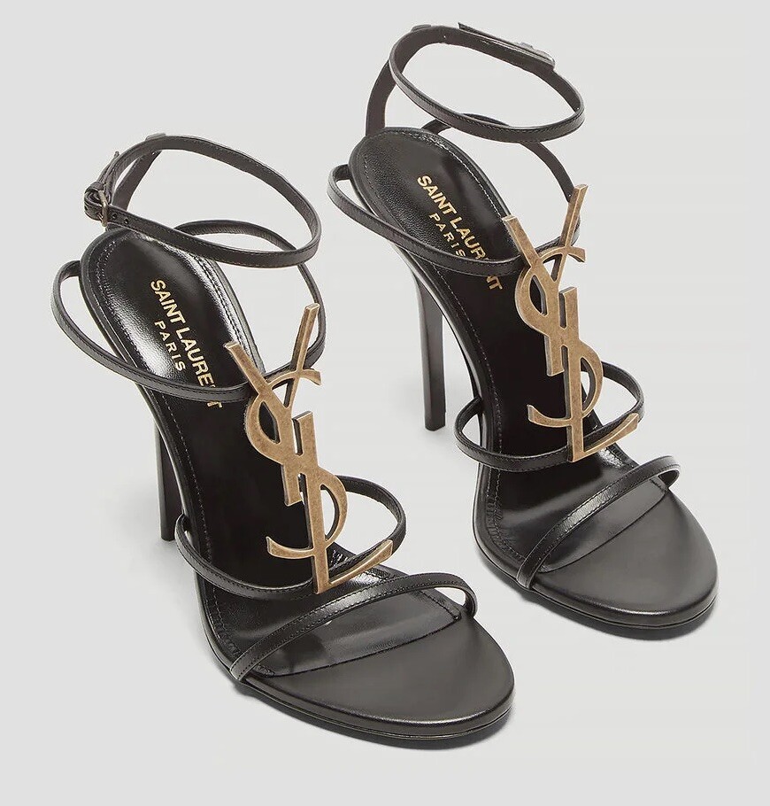 Saint Laurent Cassandra Black YSL Medallion Stiletto Sandals Size