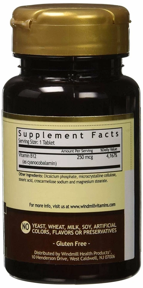 Windmill Natural Vitamina B-12 Promover Suplemento Energético 250mcg Comprimidos 100 Unidades Foto 2 de 3