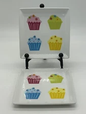 Crate & Barrel Square 6” Snack Plates White w/ Multicolored Cupcakes (Set of 2)