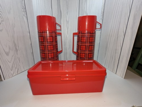 Vintage Aladdin Picnic Set 2 Thermos Bottles & Lunch Box Plaid Bag