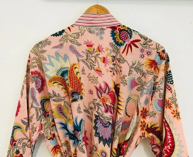 Цветочный принт индийский напечатано хлопок кимоно ночная одежда халат женщин платье макси - Изображение 4 из 4