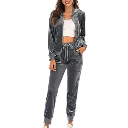 Gray Velour Tracksuit Womens 2 Pieces Joggers Outfits Jogging Sweatsuits Set