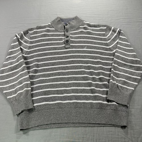 Nautica Sweater Mens XXL 2XL Gray Striped Henley Casual Preppy Sweatshirt Adult - 第 1/10 張圖片
