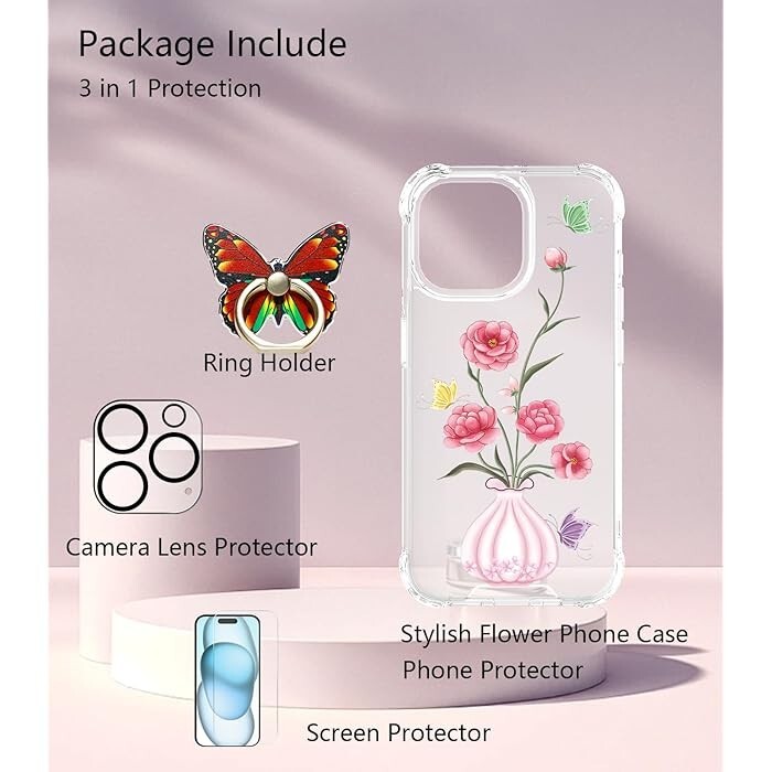 ROSEPARROT [4 in 1] iPhone 15 Pro 6.1" Case Ring Stand Butterfly Flower