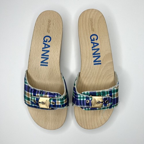Sandalias retro GANNI x Dr. Scholl's zueco de madera con hebilla a cuadros azules NUEVO - Imagen 8 de 11