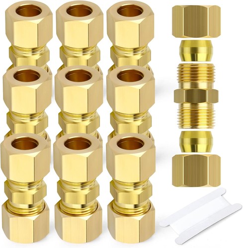 10PCS Brass Compression Tube Pipe Fitting Connector, 1/4" Tube OD X 1/4" Tube OD