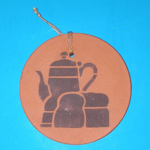 Signed Terra Cotta Clay Round Wall Hanging Decor Coffee Bar Station