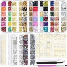 9 Boxes Nail Charms and Gems, Gold Charms Nail Rhinestones for Crafting with ...