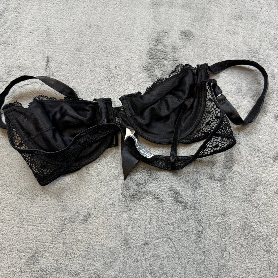 Aubade Sauvage 胸罩女式 34C 黑色蕾丝蝴蝶结法国内衣花卉刺绣 — 第 3/4 张图片