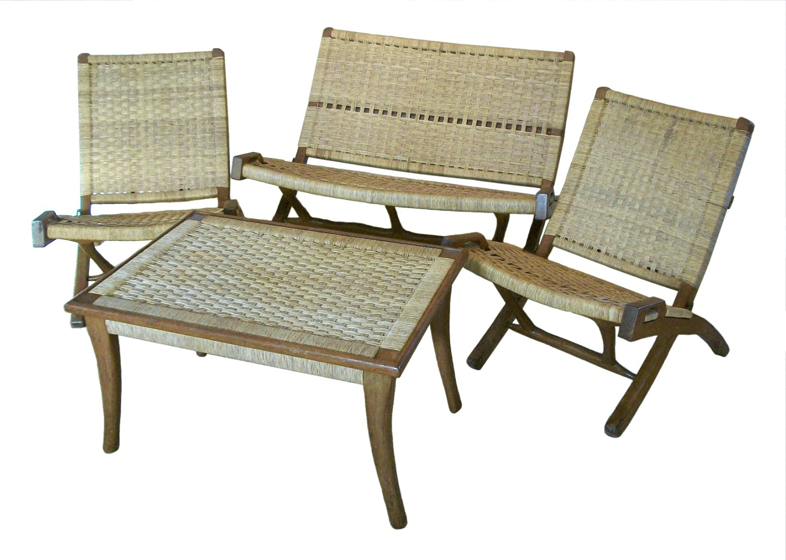 Hans Wegner Style Folding Suite of Raffia Furniture - Mexico - Circa 1960