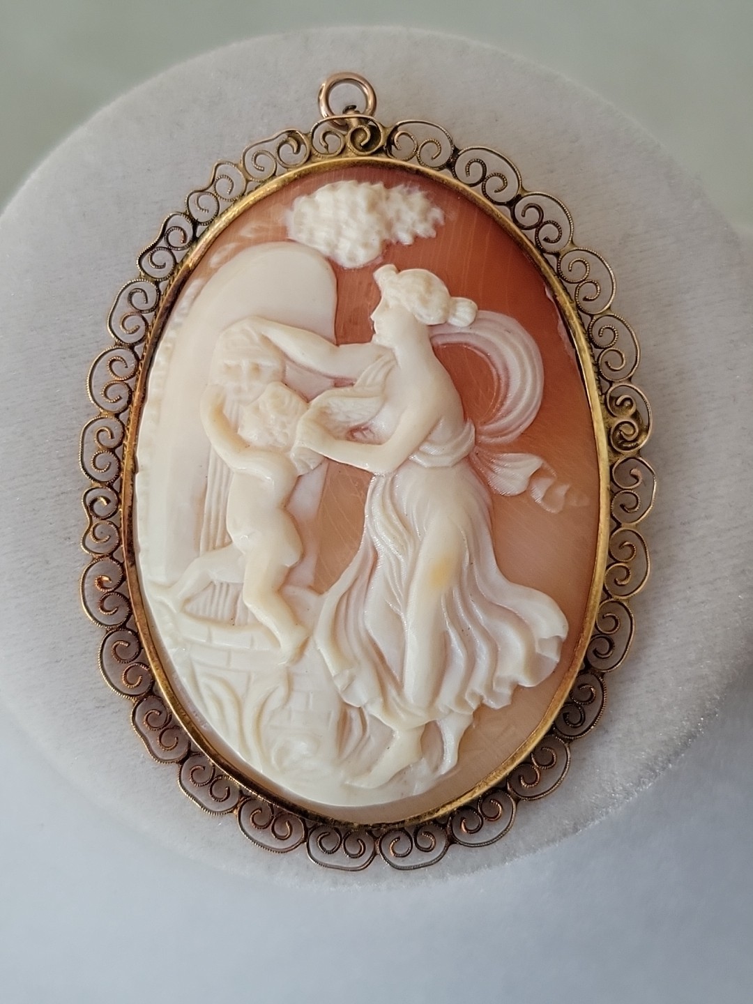 Victorian Antique Hallmarked Shell Cameo Brooch Pendant Madonna & Cherub Chimney
