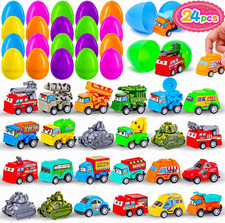 24 Pack Prefilled Easter Eggs with Car Toys for Kids Toddlers Bulk Plastic Eggs
