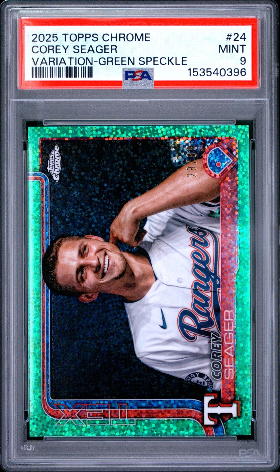 2025 Topps Chrome Corey Seager Green Speckle Image Variation 28/99 PSA 9