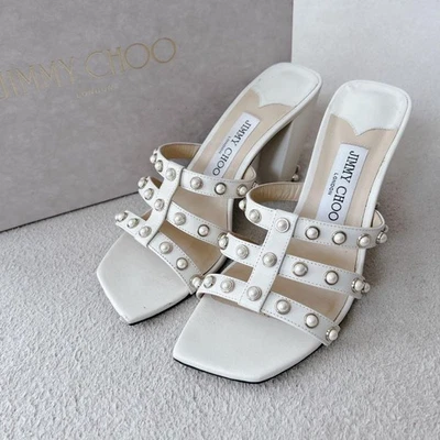 JIMMY CHOO Sandales À Talons En Cuir Nappa Perlé Femme 36 Blanc - Photo 1/4