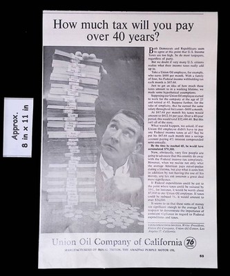 1963 Union Oil Co. of CA Man Stack of Money How Much Tax You Pay Print Ad 49920