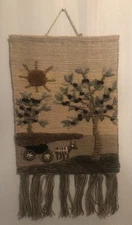 Vintage Woven Wall Hanging Textile Tapestry Donkey Cart, Sun, Tree Art Boho