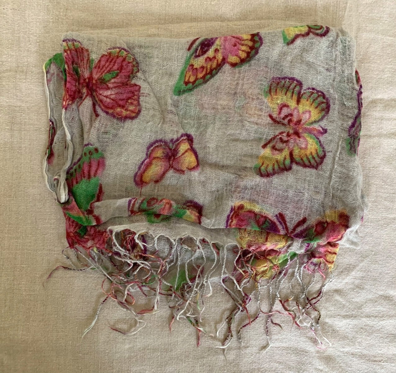 Butterfly Print Lightweight Fringe Scarf – Boho Sheer Wrap Shawl