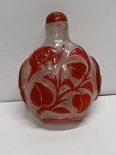 Old Chinese Glass Snuff Bottle With Red Overlay Antique Cracked 