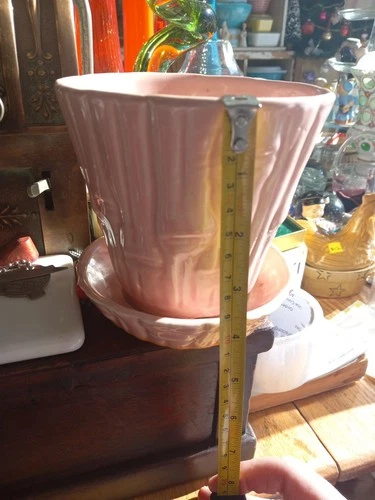 Vintage McCOY Bamboo Pattern Flower Pot Planter / Attached Saucer Pink 5"